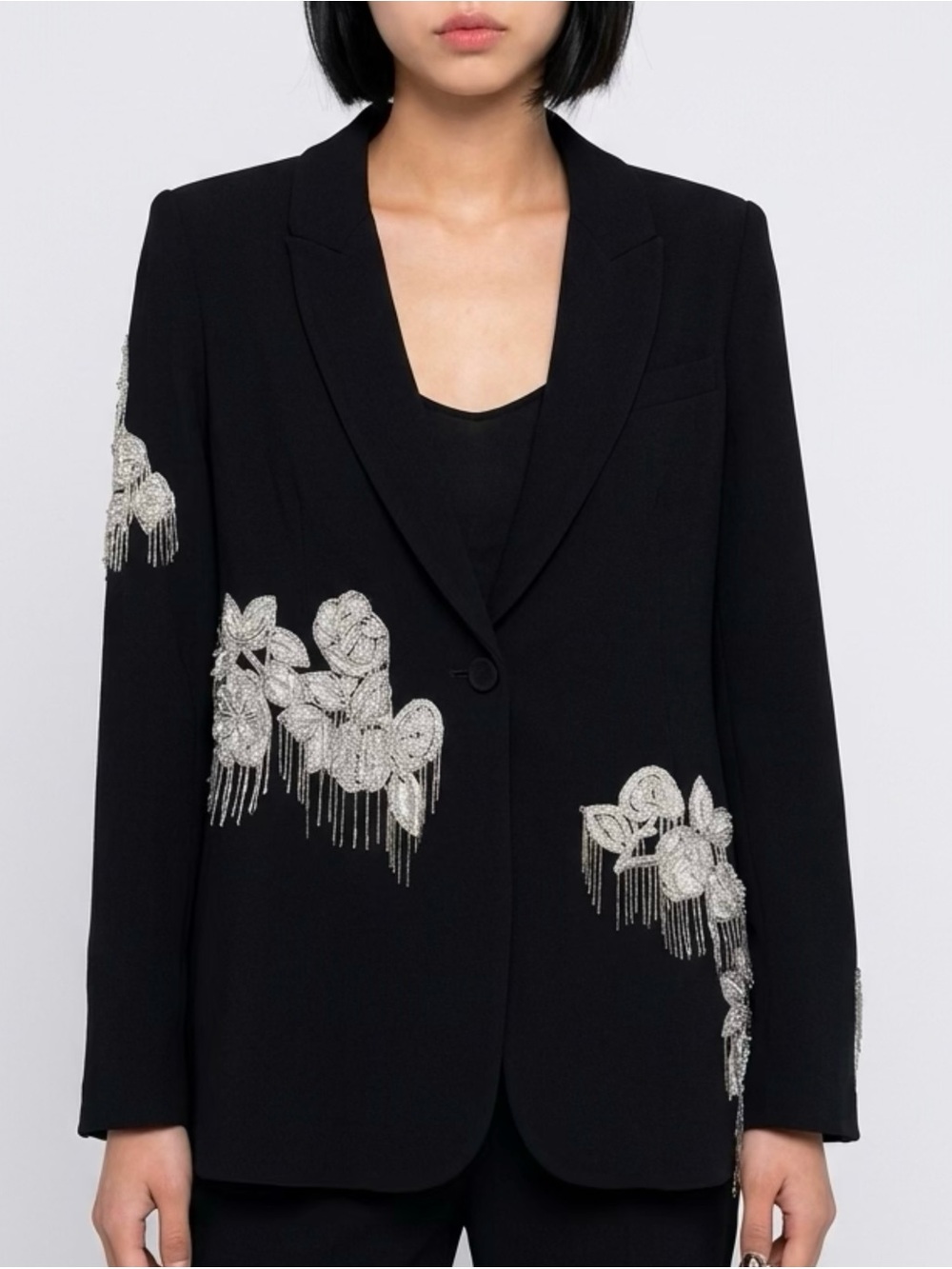 cinq a sept Black Blazer with Silver Beaded Floral Embellishment
